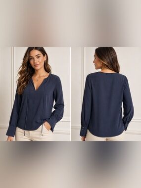 Theory Silk Blue Blouse Size S Long Sleeve Minimalist Luxury Elegant Top Office
